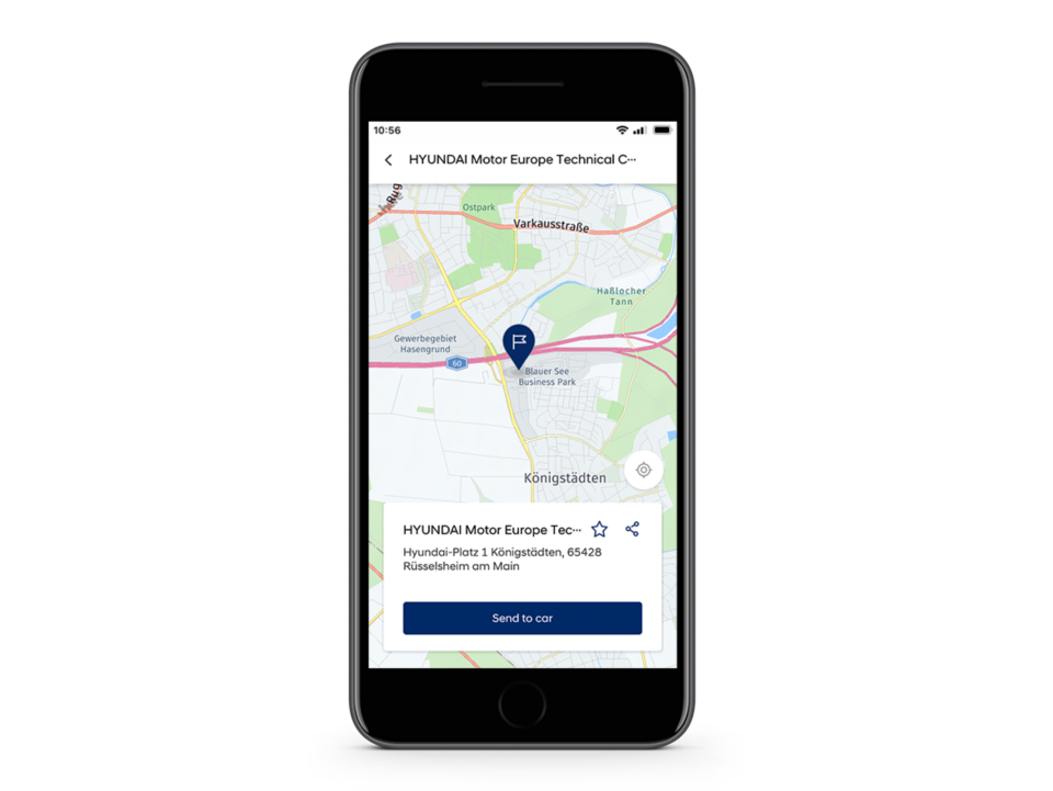 Close-up of the Hyundai Bluelink app with the Destination Send to Car feature on the screen.